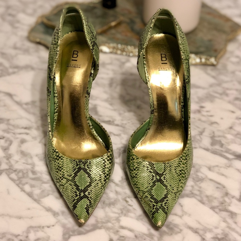 Green snake skin with gold accents heels